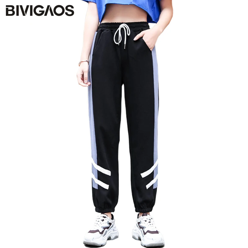 

BIVIGAOS 2019 Side Blue Parallel Striped Sports Pants Women INS Tide Loose Korean Sweatpants Spring Autumn Casual Harem Pants