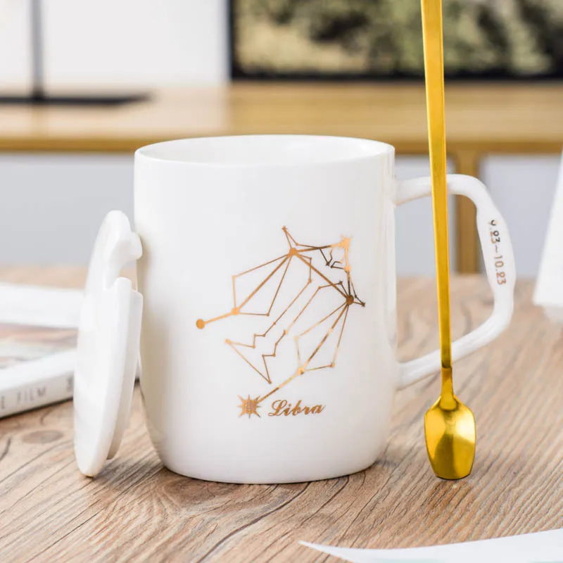 Libra (white) 12 созвездие керамическая кружка с покрытой ложкой креативная черная и белая Пара кофейная чашка ins чашка для воды - Цвет: Libra (white)