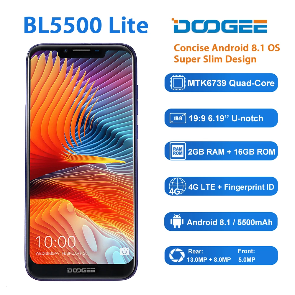 DOOGEE BL5500 Lite Android 8 1 смартфон 6 19 ཏ:9 экран 13.0MP мобильный телефон 5500 мАч