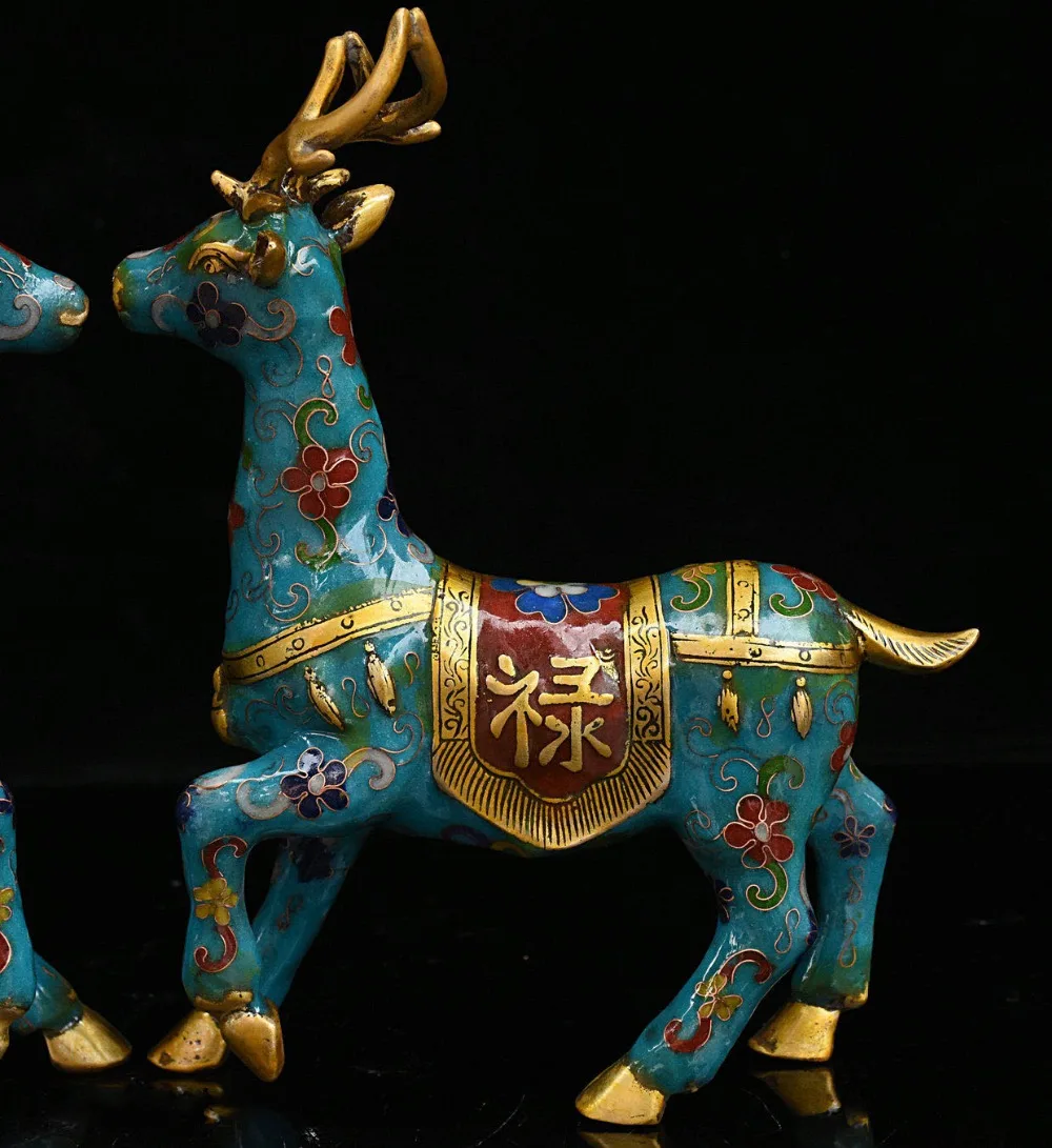 

christmas 10" Chinese Folk Fegn Shui Bronze Gilt Cloisonne Wealth Fu Zi Deer Statue Pair new Year