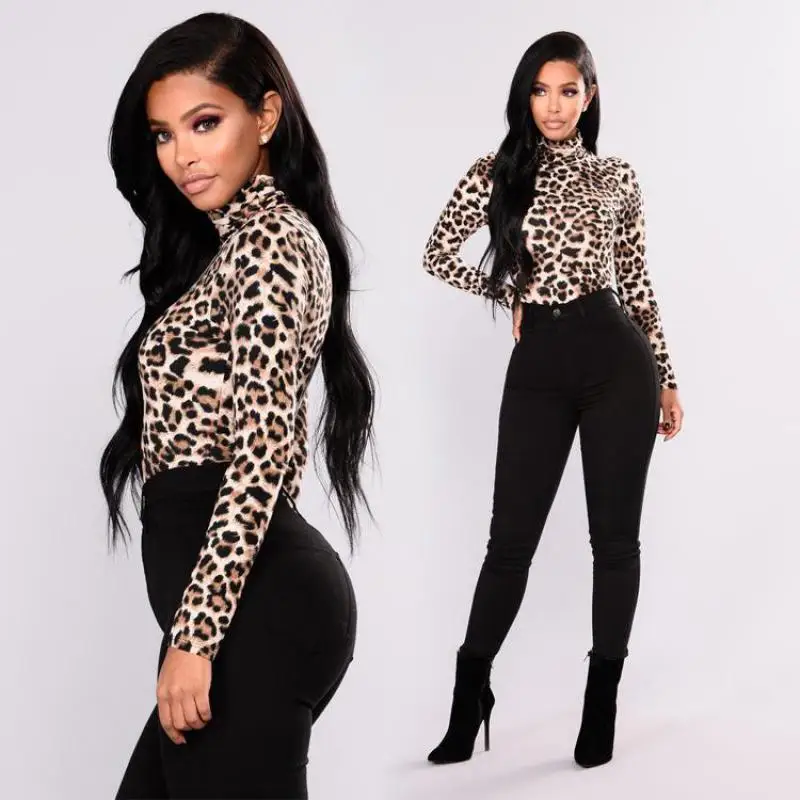 Леопардовая водолазка уличная одежда футболка с воротником-стойкой женские топы