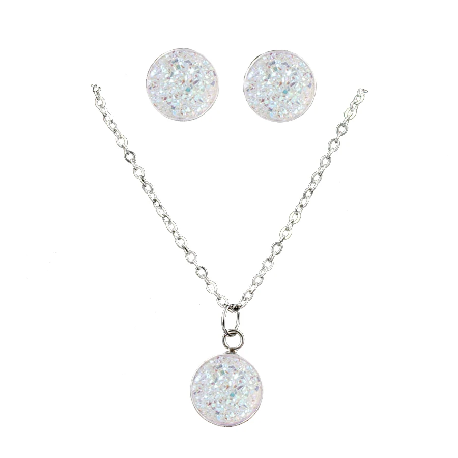Три штуки модный Drusy круглый кулон ожерелье серьги антиаллергенные Bling Quatz Ювелирные наборы цепочка для вечеринки комплект с ушами