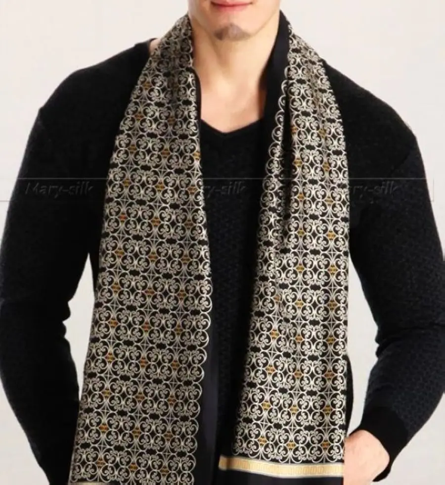 Gifts__Fashion Brand Mens 100% Silk Long Scarf Cravat Scarives Double Layer Black |