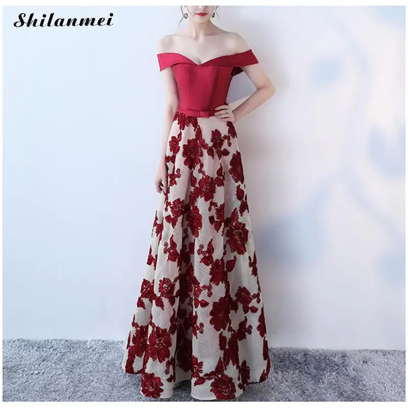 

Sexy Off Shoulder Red Floral Evening Party Long Dress Women 2019 Fashion Slash Neck Vintage Flower Maxi Dress Elegant Vestidos