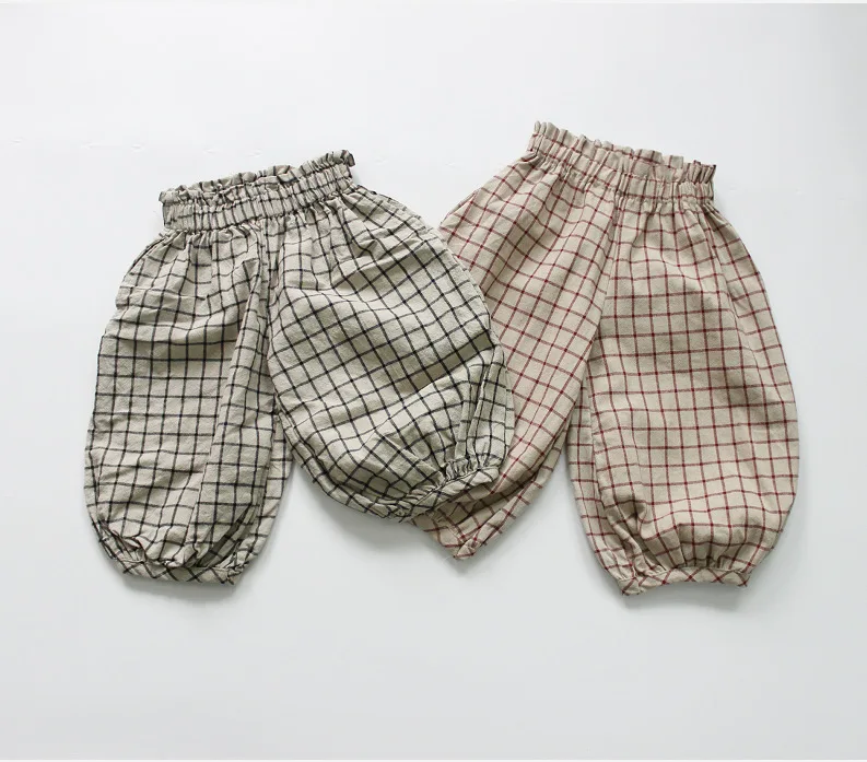 Детские летние штаны для девочек повседневная льняная одежда в клетку летняя
