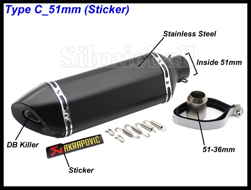 C-51mm (Sticker) Универсальный мотоцикл выхлопной модифицированный Akrapovic глушитель FZ6 CBR250 CB600 MT07 ATV Dirt Pit Bike выхлопной вход 51 мм 61 мм - Color: C-51mm (Sticker)