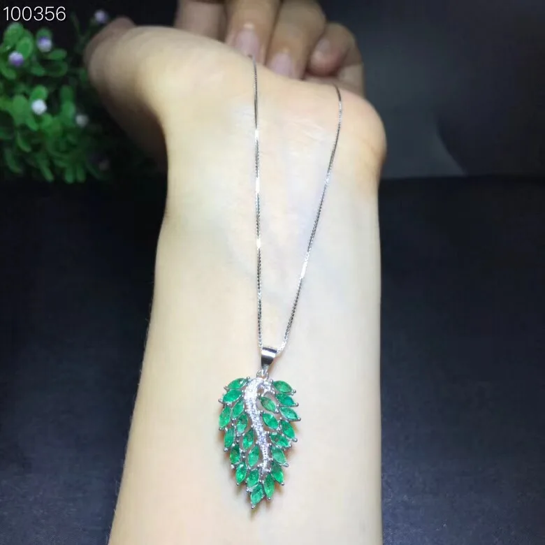 Uloveido Green Emerald Stone Leaf Pendant Necklace Women 925 Sterling Silver Gemstone Fine for Girl FN328 | Украшения и