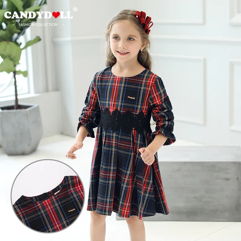 Детское платье осень 2017 г. Новые для девочек сладкий красный плед лотоса с