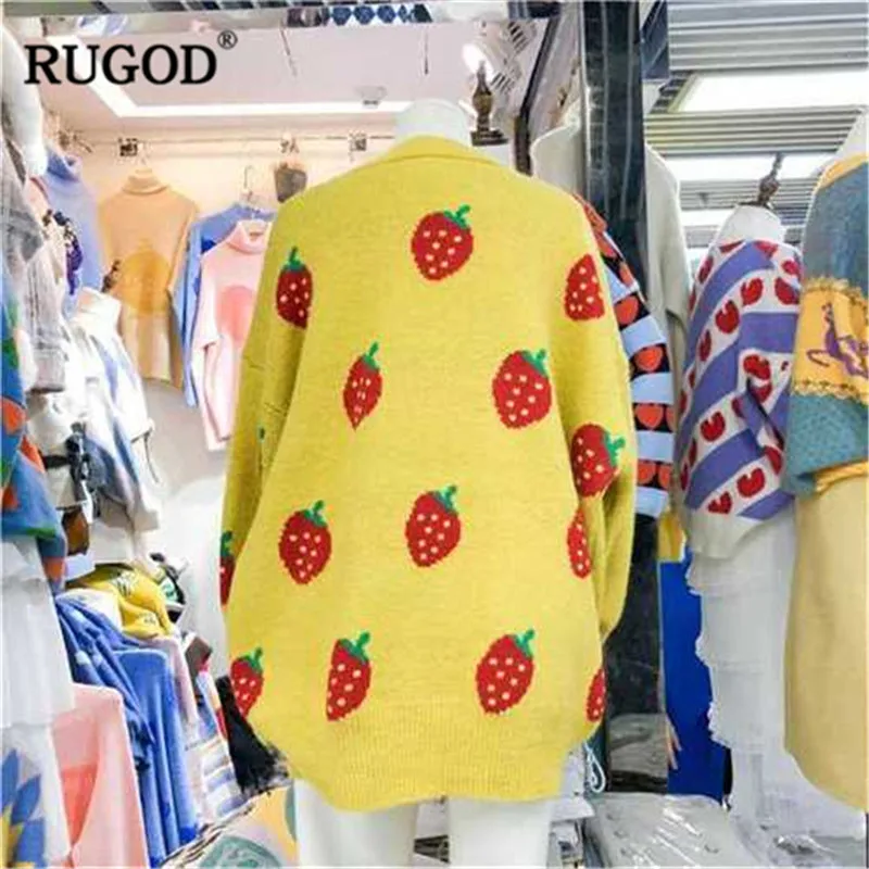 Женский вязаный свитер RUGOD Kawaii с принтом клубники элегантный Свободный пуловер
