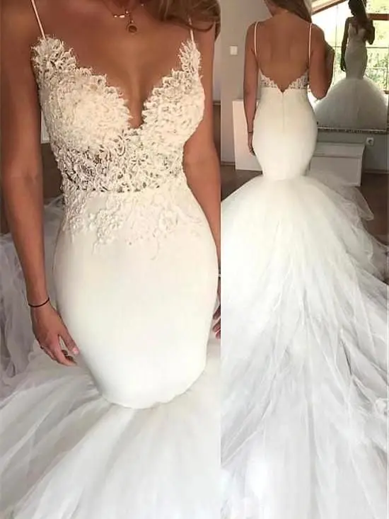 

Spaghetti Straps Mermaid Wedding Dress 2019 V-neck Appliques Lace Bride Wedding Dresses Sweep Train vestidos de novia