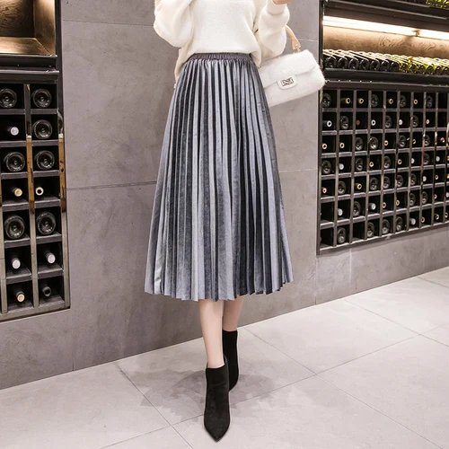Хаки Осень и зима, новая Корейская версия, тонкая плиссированная юбка с высокой талией, Золотая Вельветовая большая качающаяся длинная юбка - Цвет: Хаки