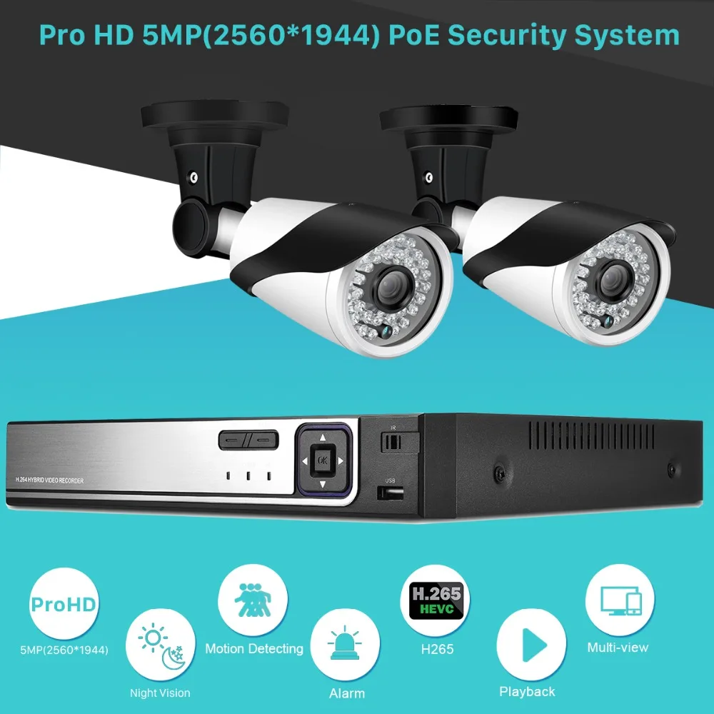 Anbiux 5.0MP 4 канала система Скрытого видеонаблюдения Системы 2 шт. 1080P 5.0MP металлическая уличная IP Камера 4CH 5MP POE NVR CCTV DVR Kit HDMI P2P и уведомление по электронной почте xmeye