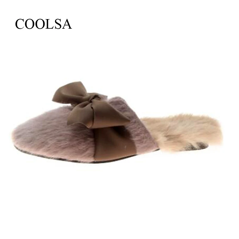 COOLSA/женские зимние новые меховые тапочки; модные замшевые однотонные Шлепанцы женские сабо на плоской подошве с бантом; женские Тапочки
