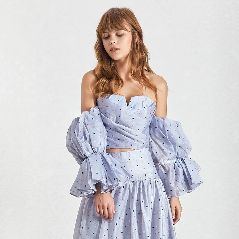 blue TWOTWINSTYLE женский костюм-двойка в горошек без бретелек с пышными рукавами шорты пуловер на молнии до середины икры трапециевидные Юбки наборы - Цвет: blue