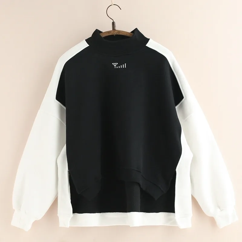 

PERHAPS U Black White Patchwork Embroidery Turtleneck Split Sweatshirts Pullovers Casual Think Fleece H0011