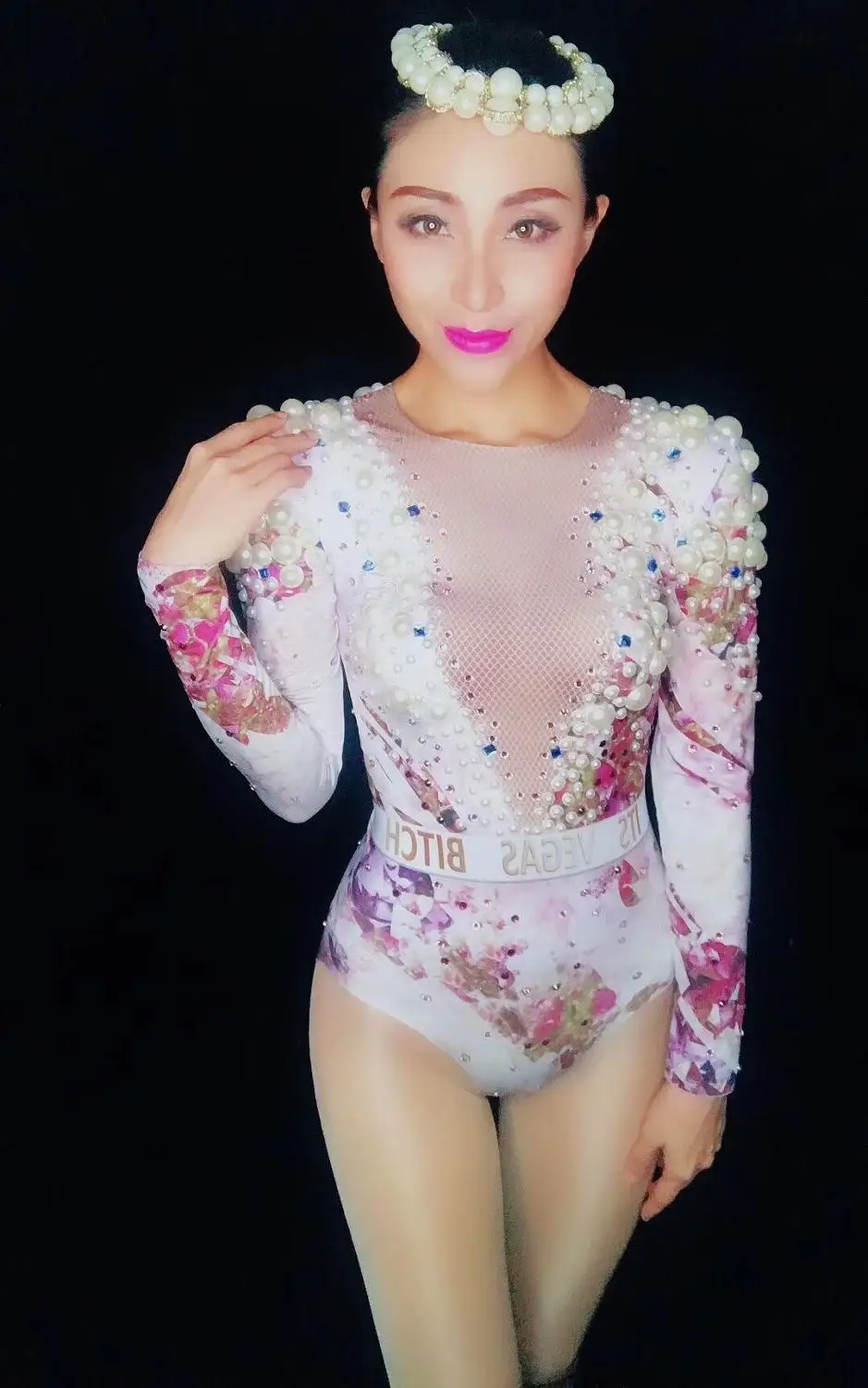 Новый стиль большие жемчужины стразы Цветочный Эластичный боди Женский костюм