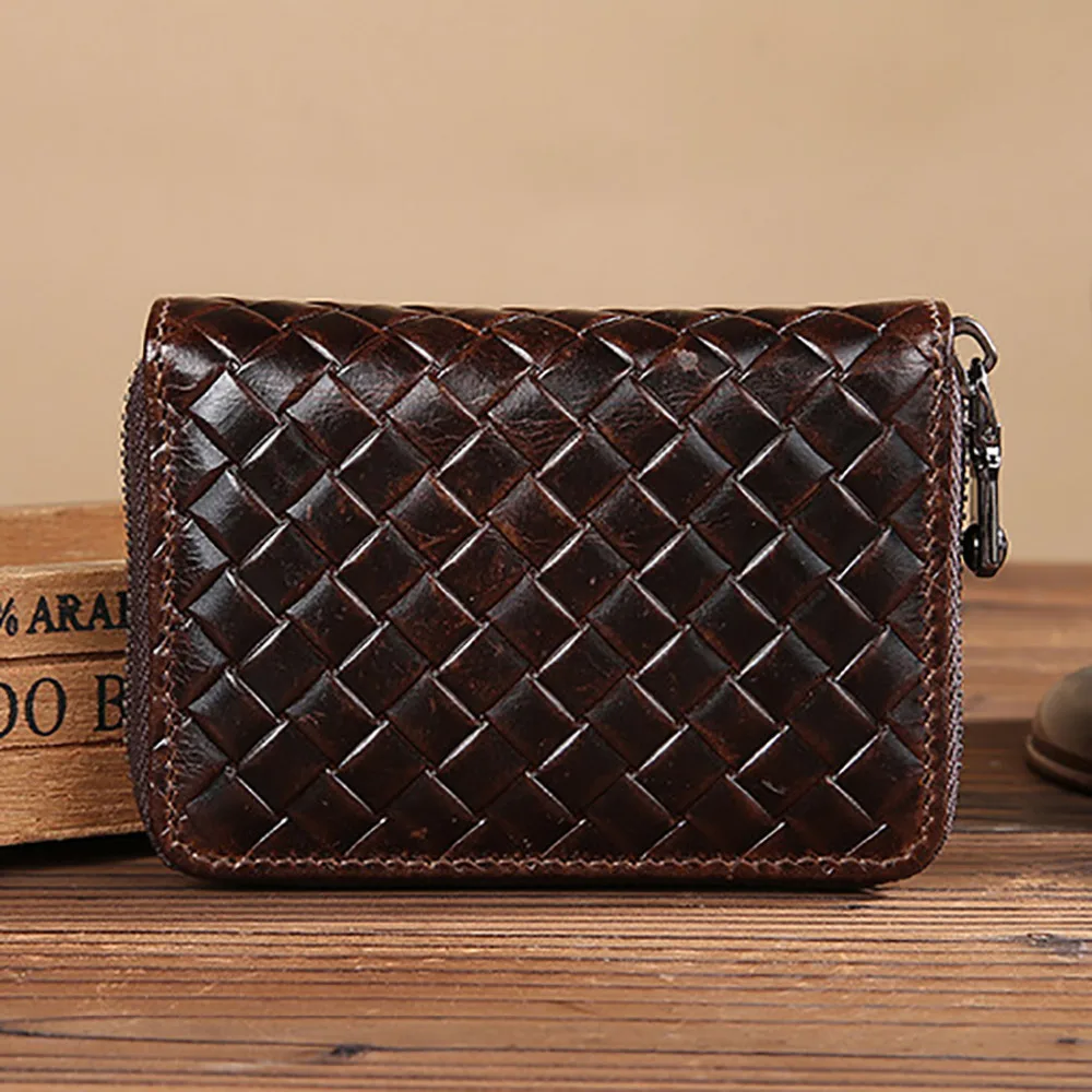 Двухскладной кошелек из вощеной воловьей кожи Винтажный Мужской клатч на молнии