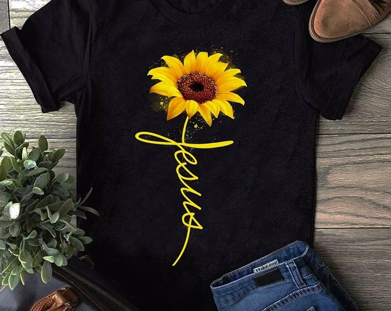 kuakuayu HJN Women Sunflower Jesus Christian T-Shirt Short Sleeves Summer Casual Black Tee Faith Shirt Gift | Женская одежда