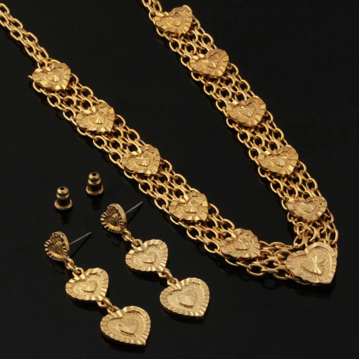 Дубай золотой цвет ювелирные изделия Сердце ожерелье и серьги-капли набор