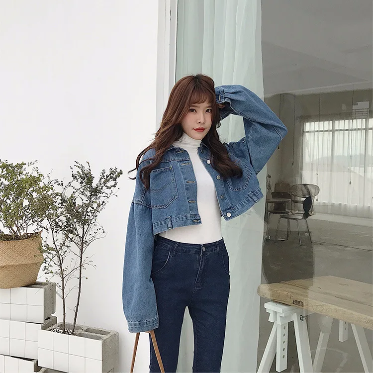 

Women streetwear denim single breasted botton extra short back button Outerwear Coats