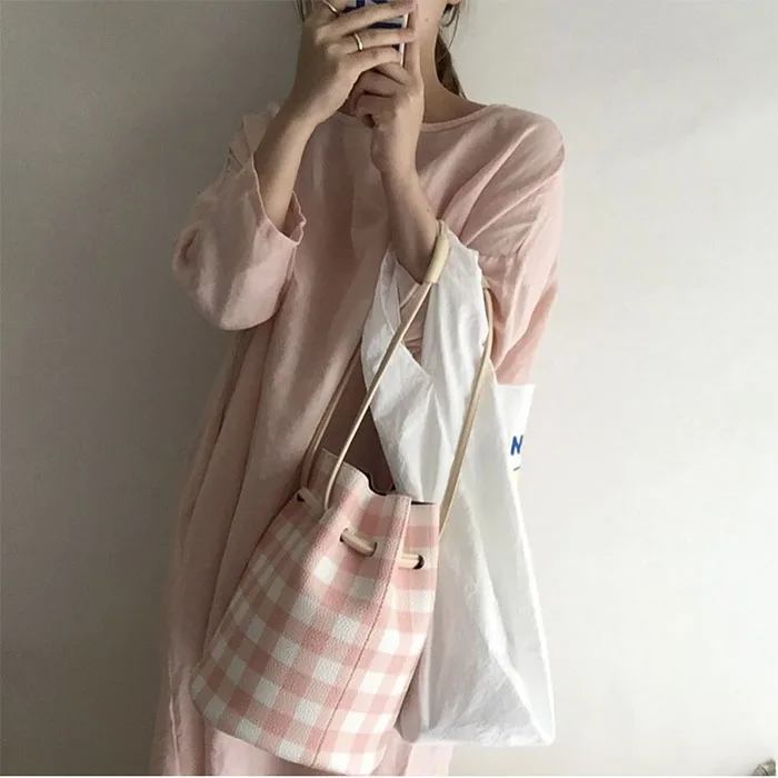 XCZJ лето плед пляж ковша Tote Повседневное Для женщин прочный Сумки шнурок