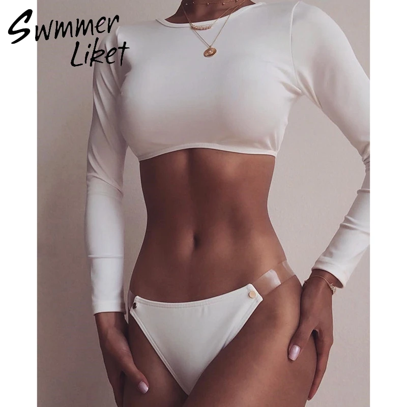 Женский купальный костюм с длинным рукавом белый купальник пуш ап бикини