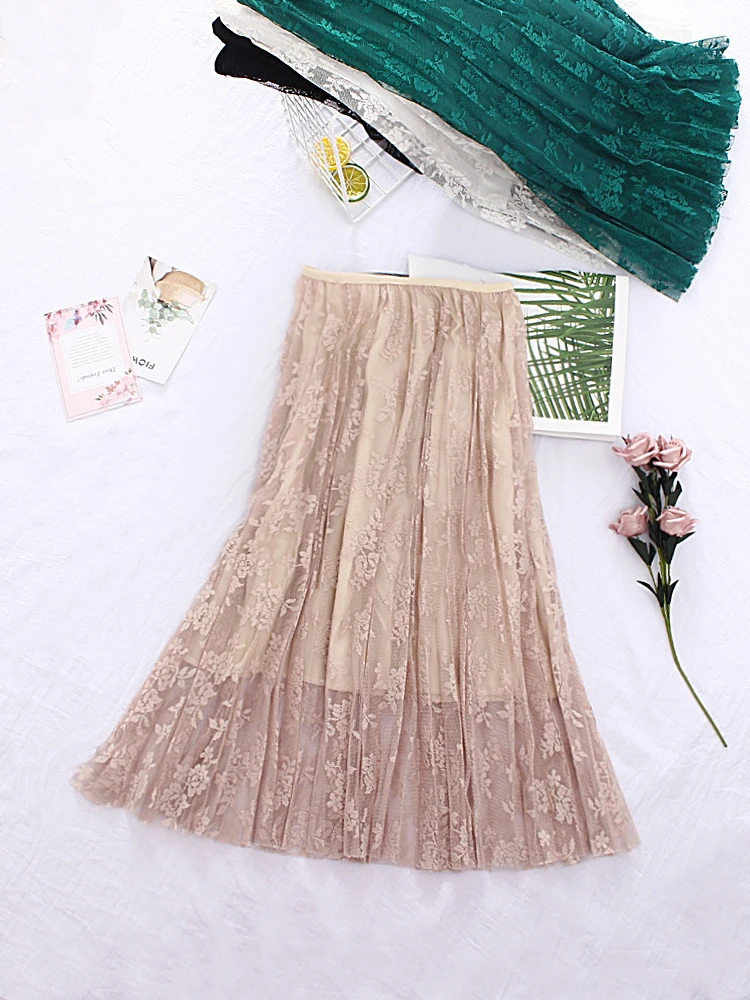 

Floral Embroidery A-line Tutu Lace Mesh Skirt Women Tulle Long Pleated Midi Skirts High Waist summer 2019 new arrival