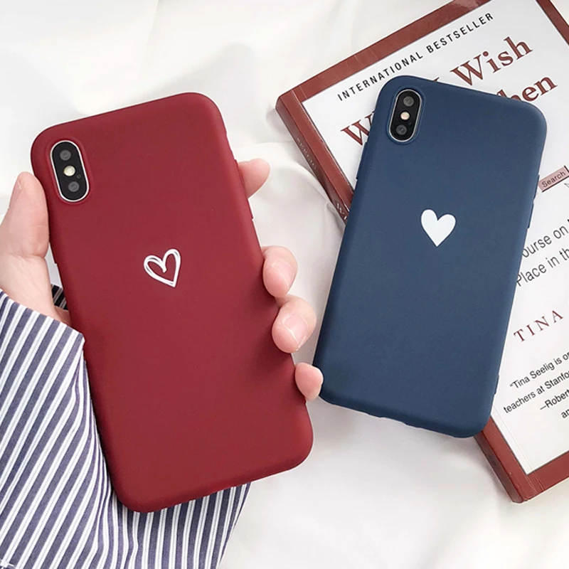 Couples Love Heart Soft TPU Phone Case For iphone 7 Plus 6 6S 8 Cute Wine Red Back X XR XS Max 6.5'' Fundas |