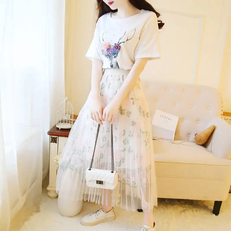 

ICHOIX Floral A-Line Skirt Set plus size 2xl Women 2 Piece Set Skirt + white Tops Set summer two piece outfits Festival clothing