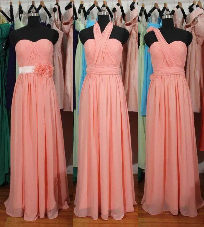 

Cute 3 Styles Pink Flower Bridesmaid Gown Navy Blue/Peach/Ivory/Champagne/Silver/Yellow Chiffon Bridesmaid Dresses Fast Shipping