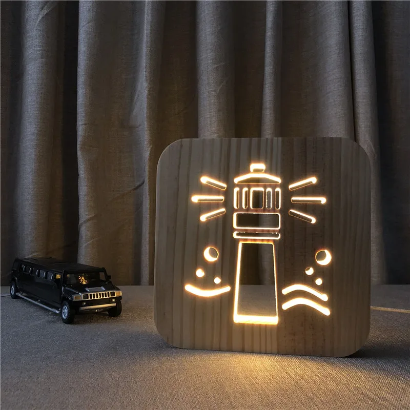 Деревянная лампа маяк-лампа 3D USB светодиодный Настольный светильник переключатель управления резьбой по дереву лампа для украшения детской комнаты