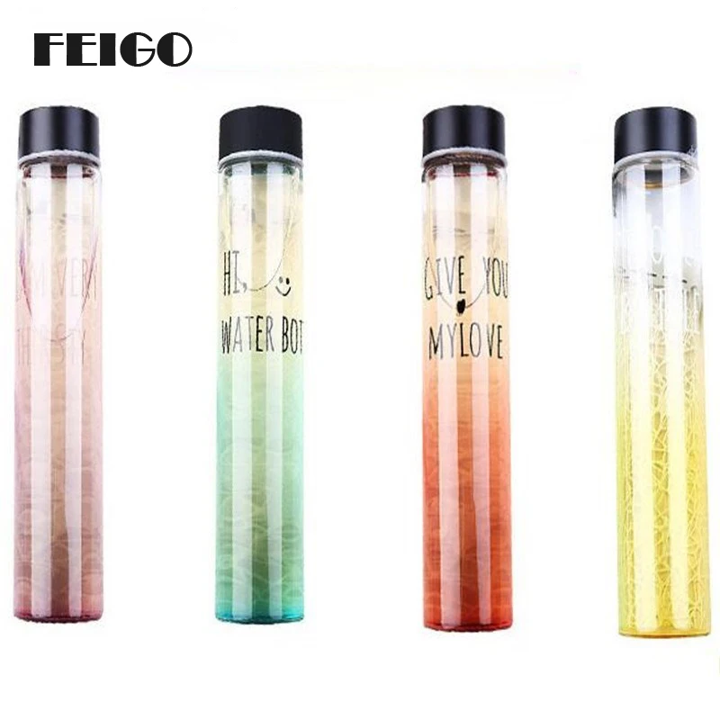 

FEIGO 1Pcs Creative Gradient Color Glass Transparent Water Bottle Travel Water Bottle With Cover My Water Bottles 300-400ml F599