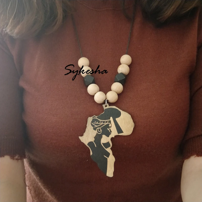 Длинная веревка Шаблон Печать ожерелья Деревянная Карта формы кулон ожерелья| |