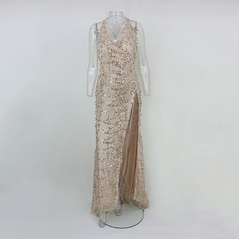 Женское винтажное платье-макси с блестками длинное платье кисточками и золотыми