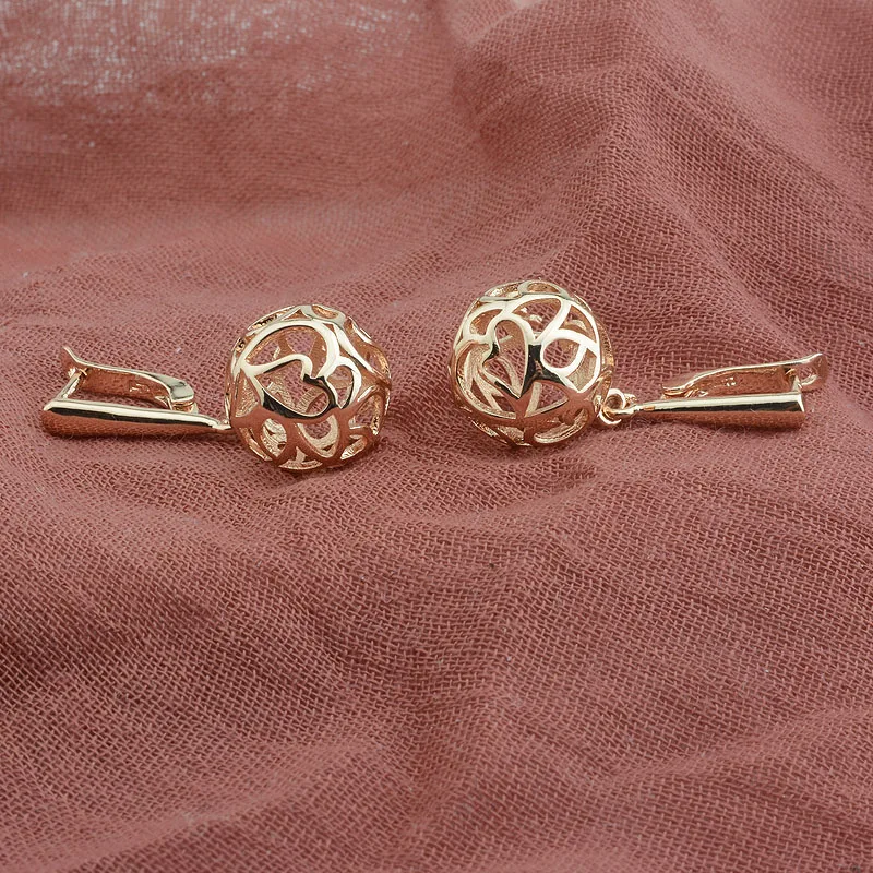 Женские серьги капельки круглые длинные из розового золота 585 пробы с медным