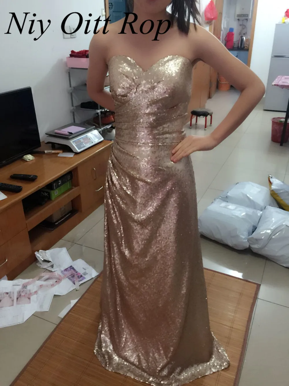2017 Дешевые Роза Золотые блестки длинные вечерние платья без бретелек Длина Милая