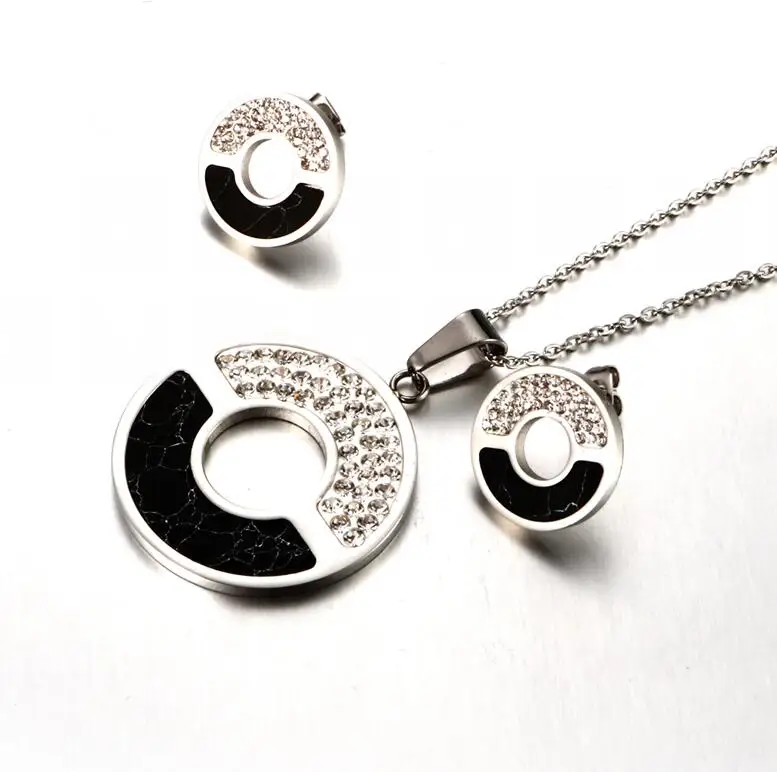 black and silver Золотой цвет из нержавеющей стали круглый CZ камень кулон ожерелье серьги Ювелирные наборы Стразы бусины синий камень для женщин ювелирные изделия - Окраска металла: black and silver