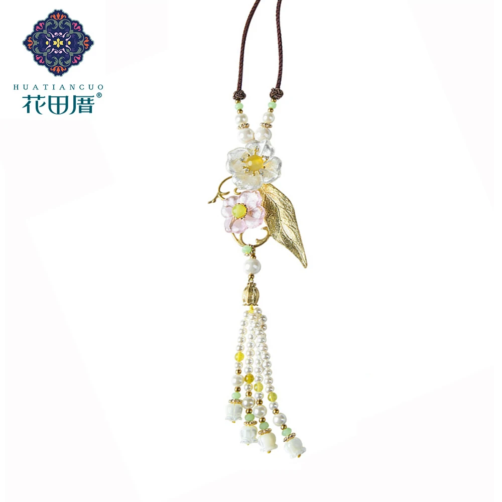 

Ethnic Handmade Tassel Pendant Necklace Shell Flower Pink Colored Glass Petal Shell Bead Yellow Stone Accessories Woman CL-18127