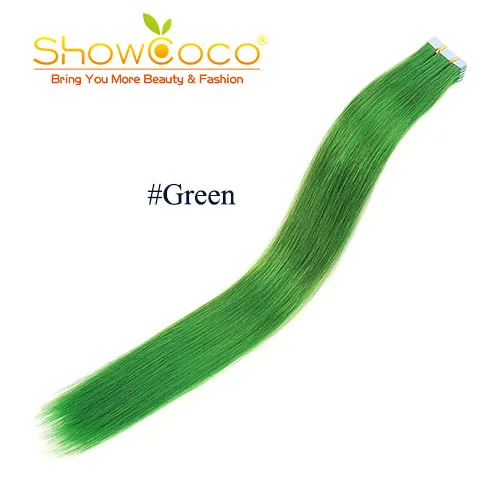 Green ShowCoco ленты в режиме реального Пряди человеческих волос для наращивания Реми Невидимый Двусторонняя голубая лента темно-Цвета натуральная расширение для тонких волос - Цвет: Green