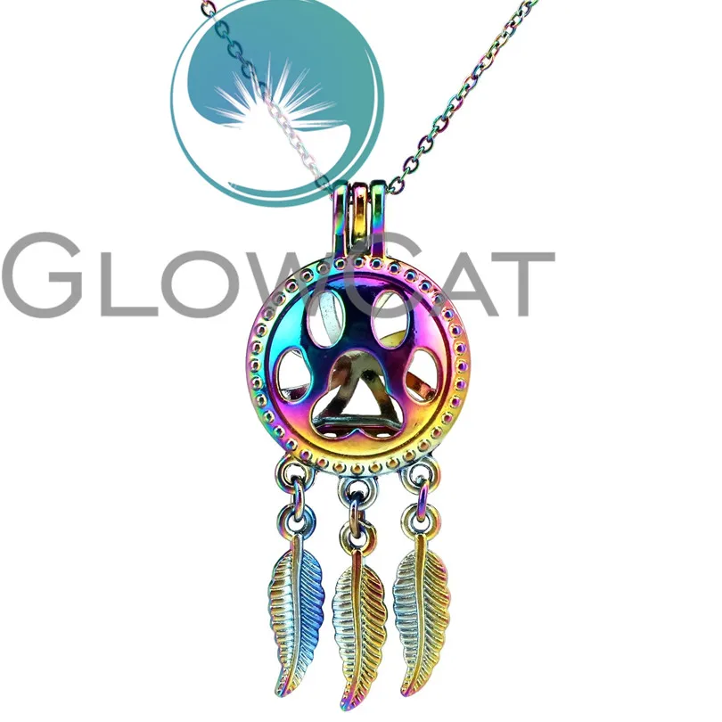 

CC706 Rainbow Color Hollow Dog Paw Print Dreamcatcher Beads Cage Pendant Essential Oil Diffuser Pearl Cage Locket Necklace Gifts