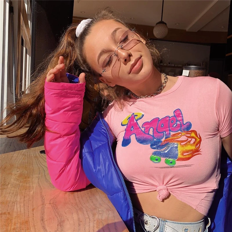 InstaHot женские розовые футболки с принтом &quotAngel&quot коротким рукавом 2019 новые