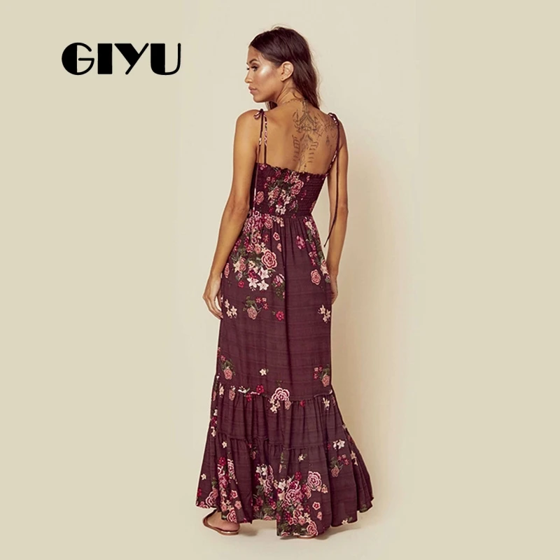 GIYU женское Макси платье с принтом на бретелях длинное Vestido секси галстук-ап