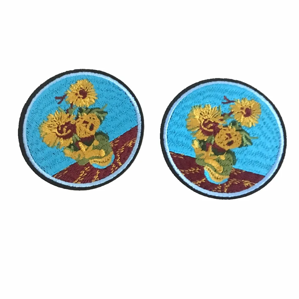 

4pcs Iron On Patch Round Sunflower Appliques Patches For Clothes DIY Van Gogh Oil Painting Sun Flower Embroidery Badge