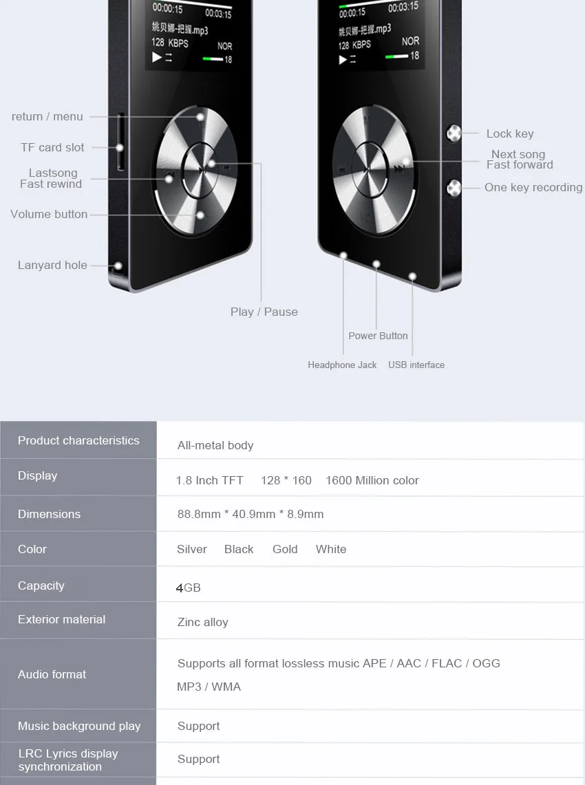 portable metal mp3 player Built-in Speakers e-book fm radio clock audio recorder flac lossless HIFI sports music video player