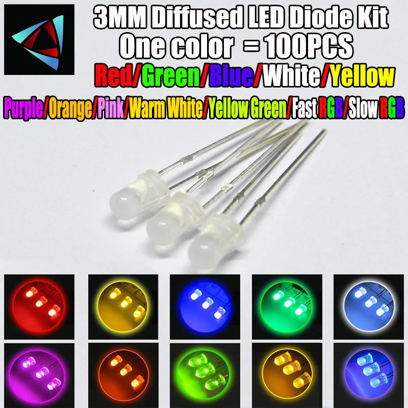 100 шт. 3 мм Misty LED Diffused Kit в теплый белый зеленый красный синий желтый оранжевый