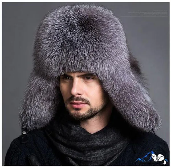 silver fox Звездный мех Натуральная Серебряная лисица меховые шапки мужские из натурального меха енота Lei Feng шапка для российских мужчин бомберы шапки с кожаные Топы M#4 - Цвет: silver fox