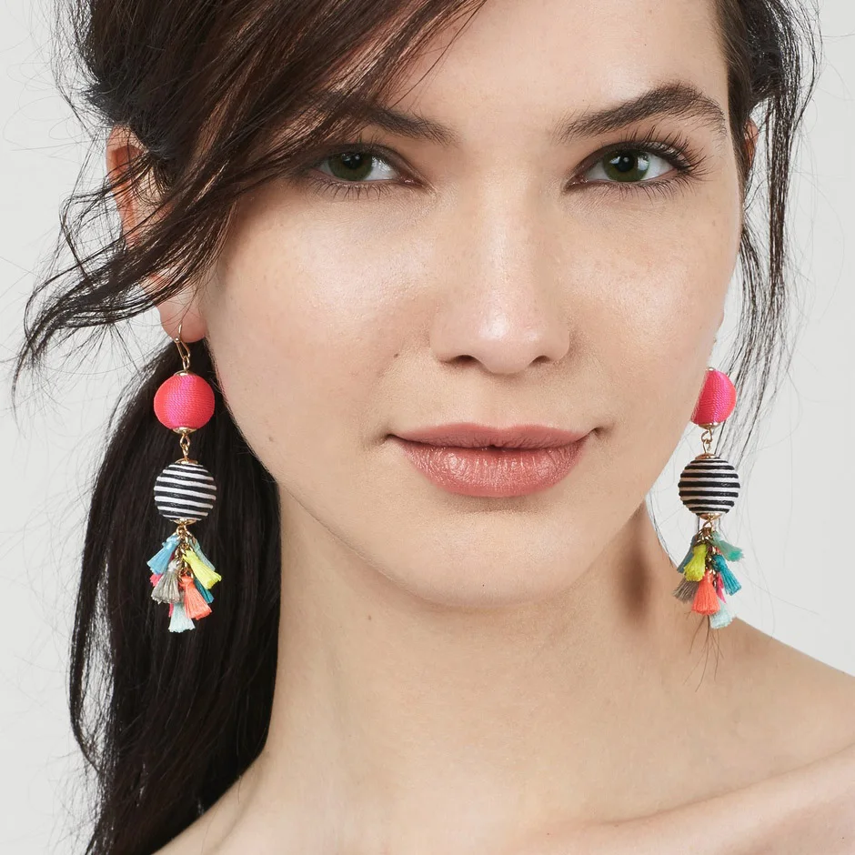 Женские яркие серьги с кисточками длинные помпонами и окантовкой новый дизайн|long