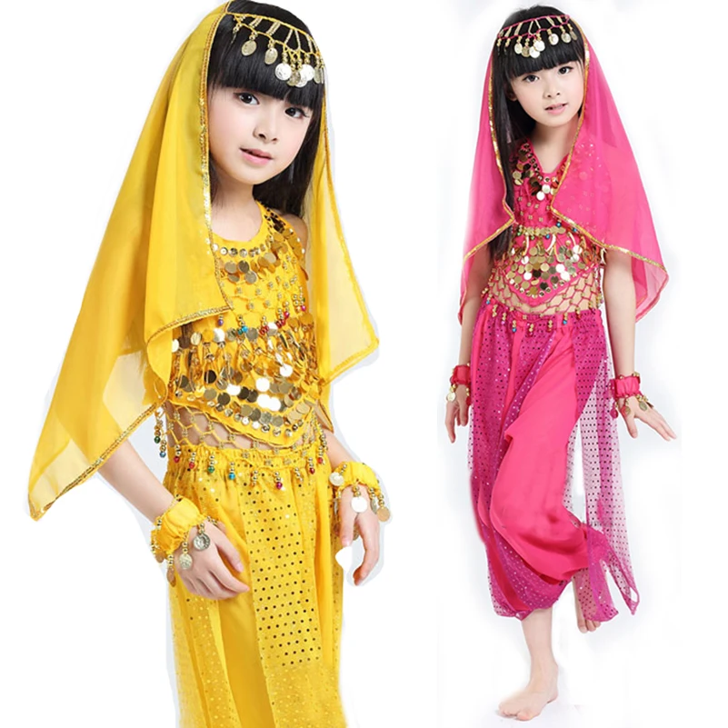 

3 Piece Set Girl Belly Dance Costume Sets Kids Indian Dance Dress Child Bollywood Dance Costumes for Girl Performance Dance Wear