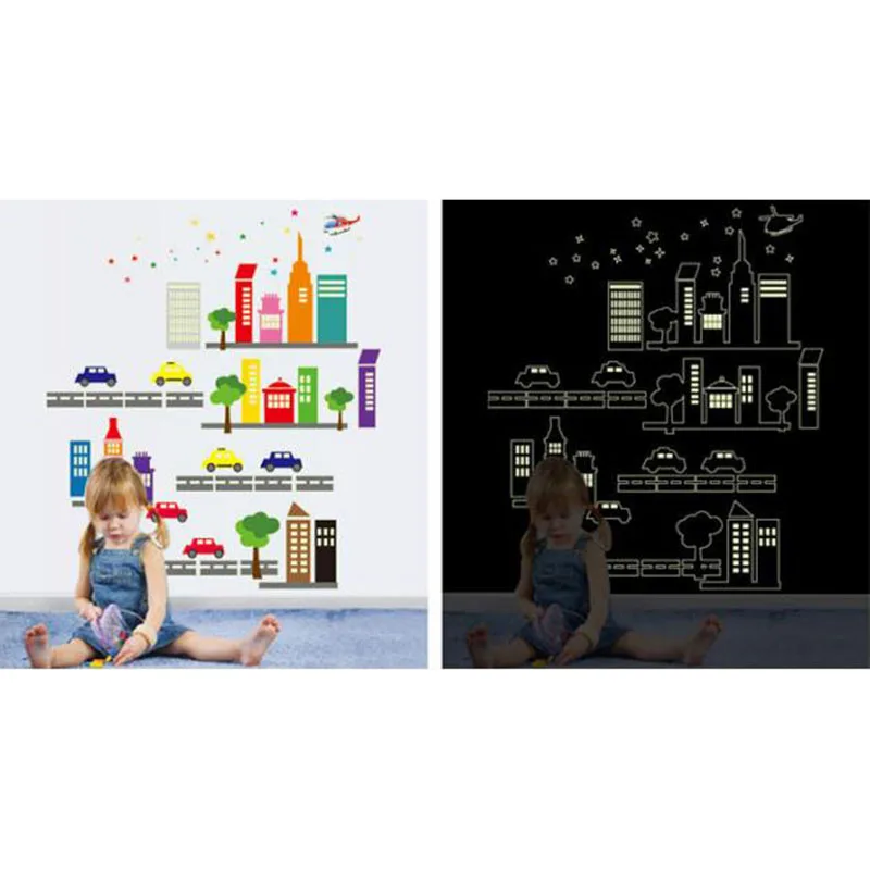 Мультфильм 3D DIY светящаяся наклейка городской пейзаж автомобильный стикер для