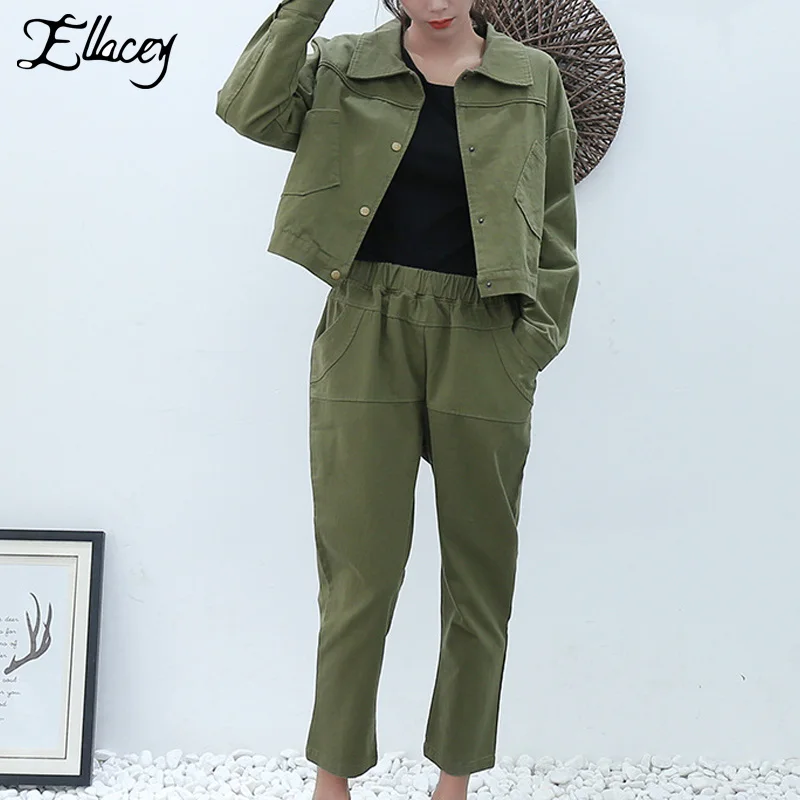Ellacey/Весенний комплект из двух предметов в стиле сафари армейский зеленый